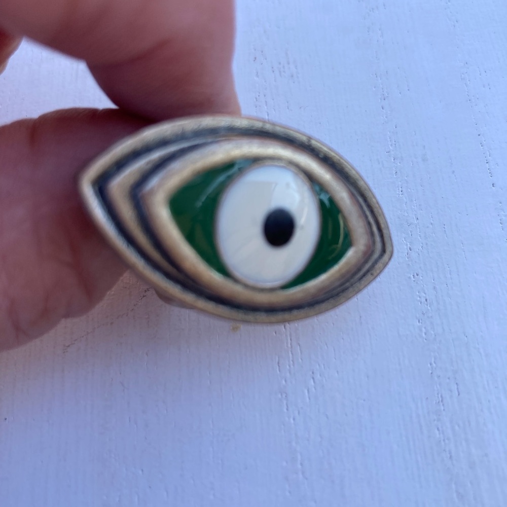 Evil Eye Ring Y2K Silvertone band setting metal enameled size adjustable - Picture 6 of 6